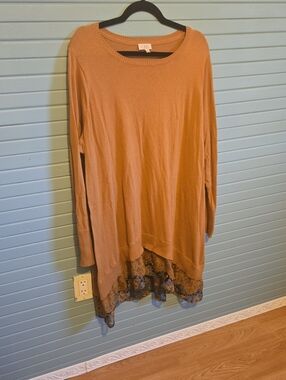 LOGO by Lori Goldstein Camel High-Low Tunic Top with Lace Hem